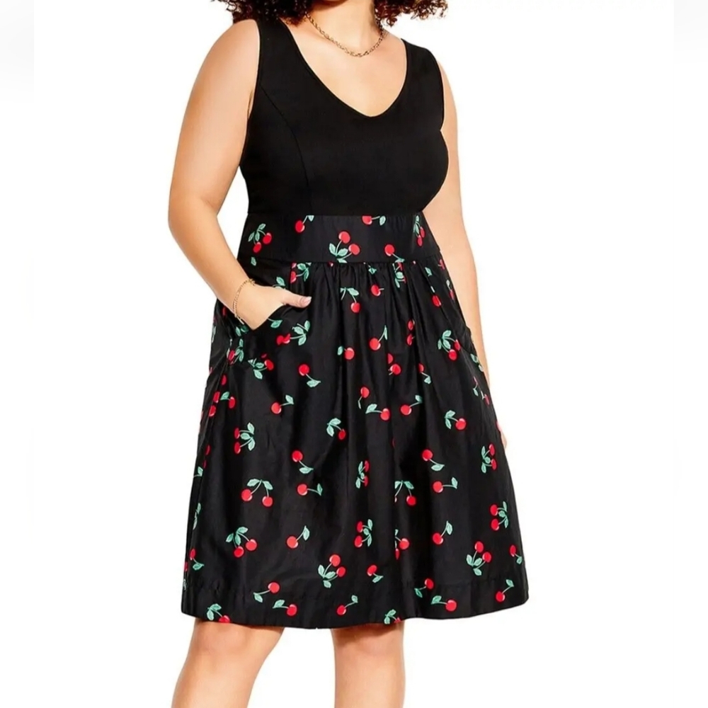 City Chic Sleeveless Black Cherry Pie Cherry Love Dress Plus Size 18